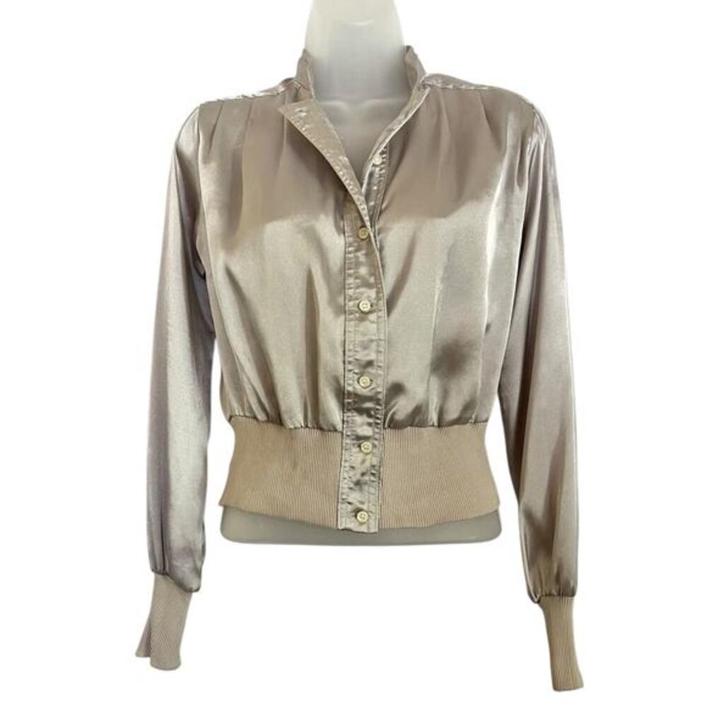 Vintage Roland by Roland Kosser Champagne Satin Pleated High Collar Blouse